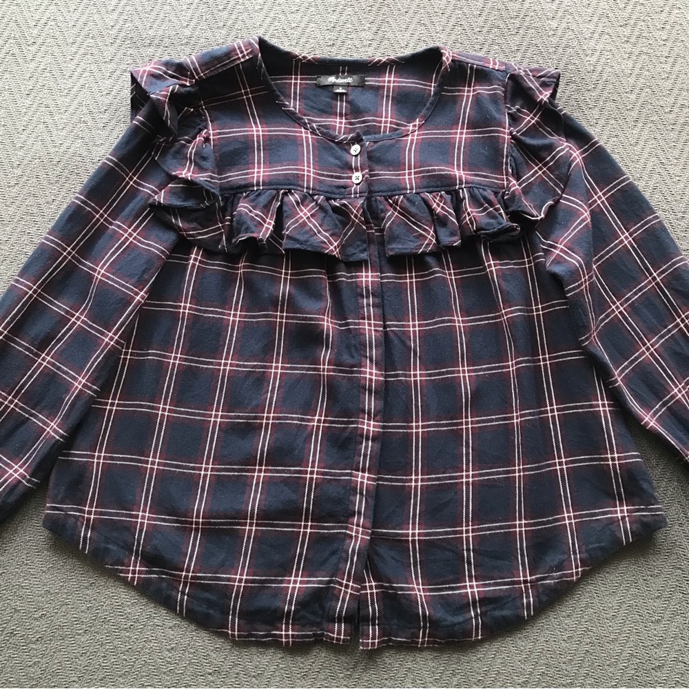 Madewell Navy Blue Burgundy Plaid Flannel Ruffle Front Long Sleeve Button Down M